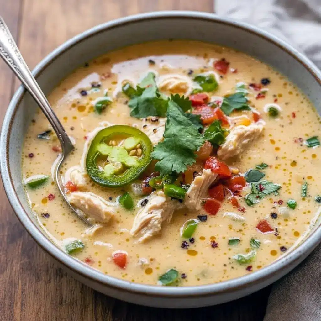 Jalapeno Popper Chicken bowl — steamy Spicy Soup take on Spicy Chicken Soup with shredded Cheddar Chicken, jalapeño specks from Jalapeno Chicken, a touch of Coconut Chicken, hints of Thai Coconut Chicken Soup and Thai Coconut Chicken, and popper-style Chicken Stuffed Peppers crunch.