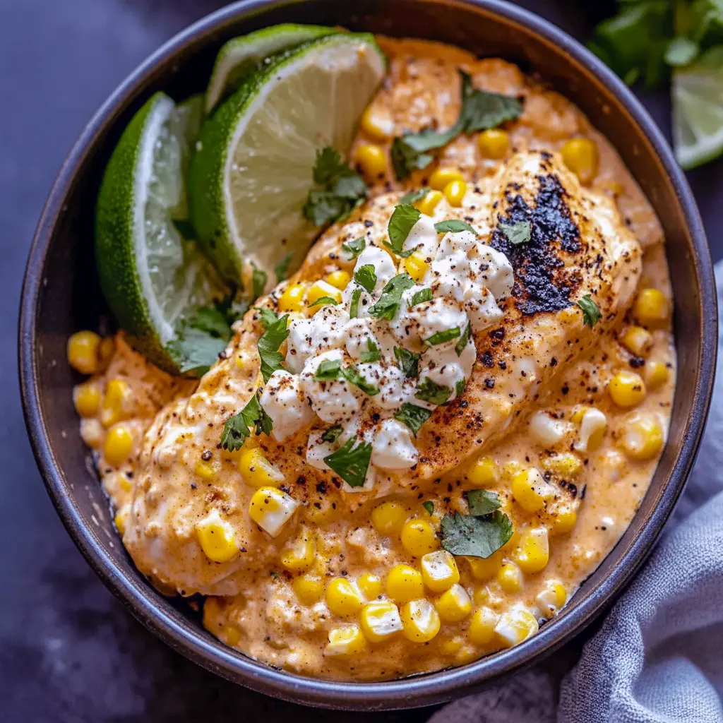Shredded creamy street corn chicken in a slow cooker, garnished with cilantro and lime wedges, ready for tacos or bowls.