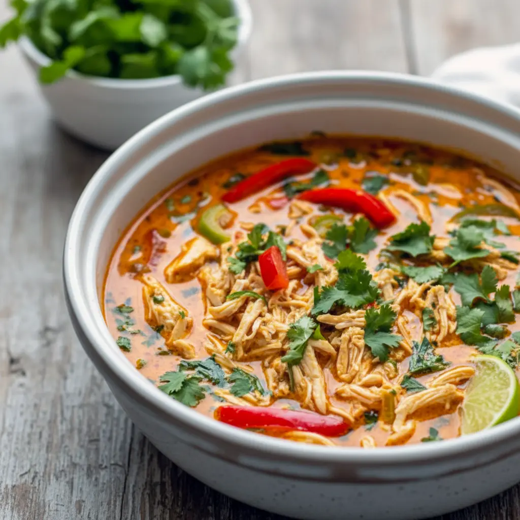 Bowl of coconut-curry soup with shredded chicken, lime, and cilantro — a cozy Soups Without Cream option that reads like a fragrant Thai Stew, ideal for Batch Soup Recipes and a trusty Thai Soup Crockpot weeknight meal.