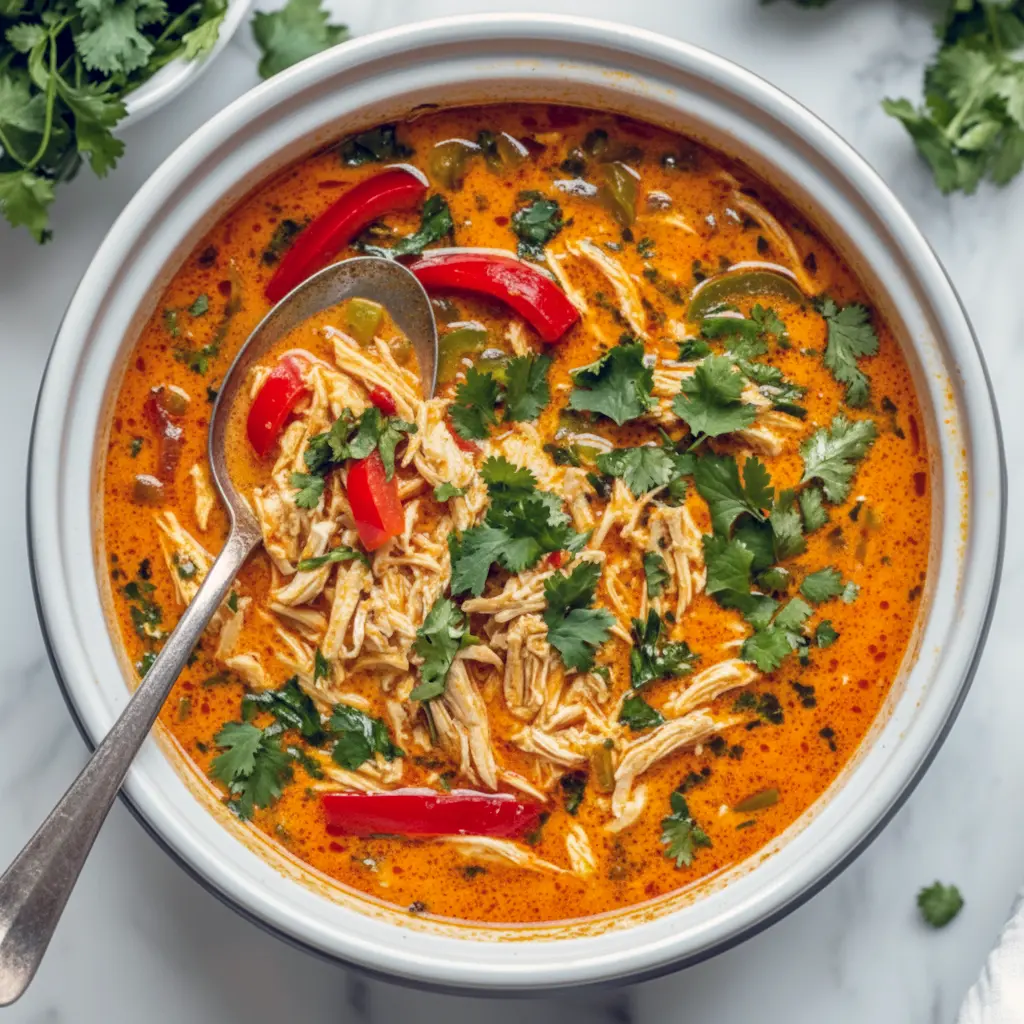 Bowl of coconut-curry soup with shredded chicken, lime, and cilantro — a cozy Soups Without Cream option that reads like a fragrant Thai Stew, ideal for Batch Soup Recipes and a trusty Thai Soup Crockpot weeknight meal.