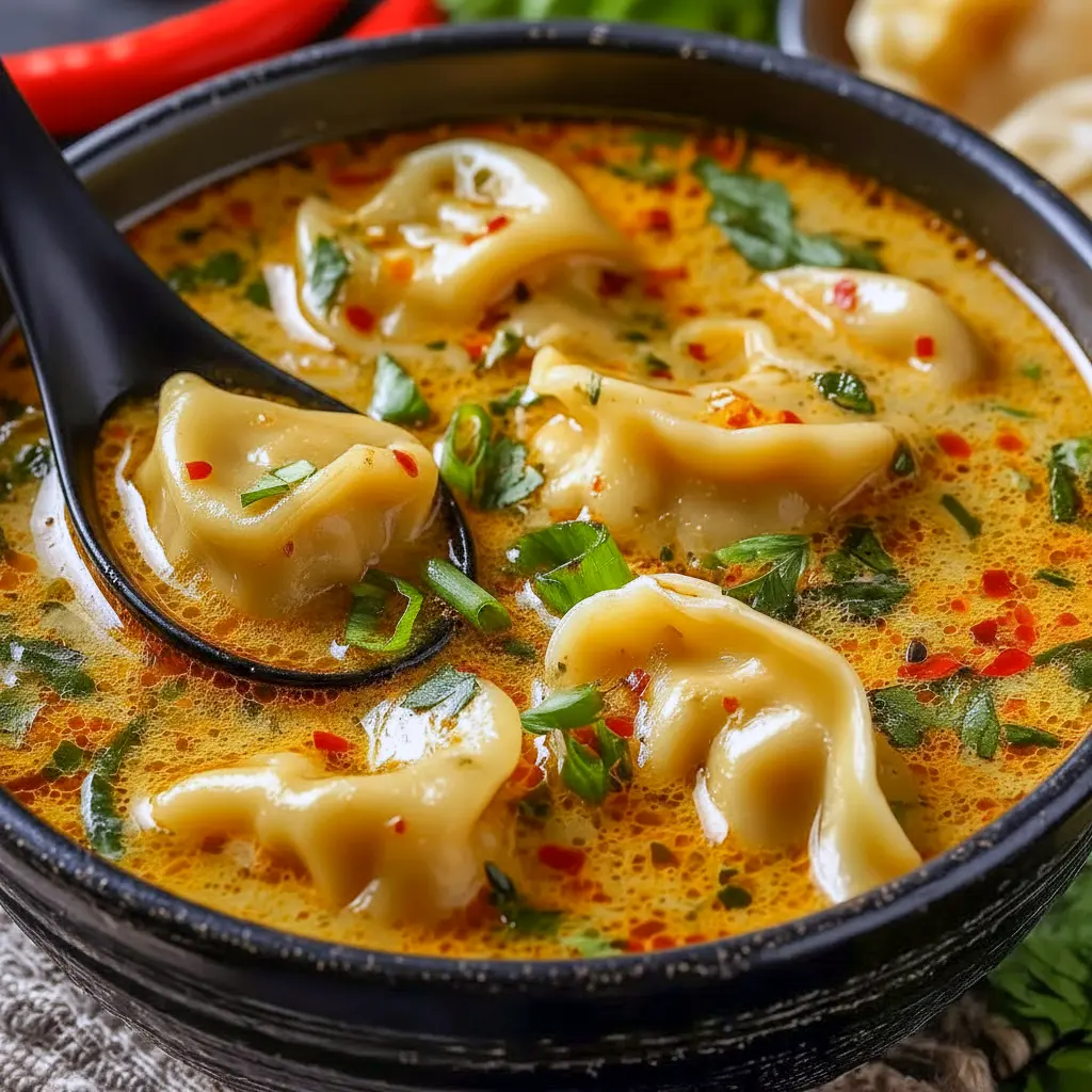 Creamy Asian Soup — bowl of coconut-curry broth with potstickers, spinach, sweet potato, lime, and cilantro (top-down).