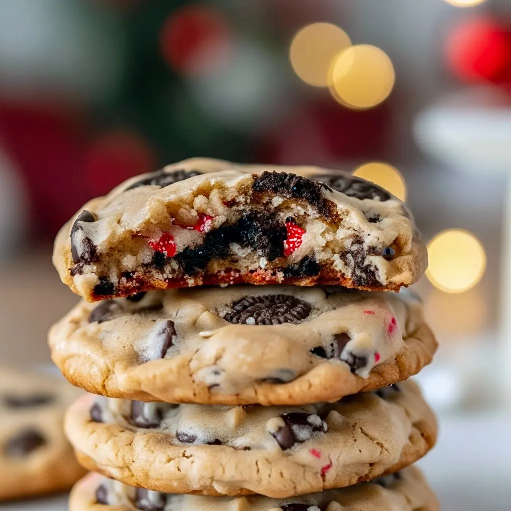 Close-up of peppermint Oreo cookies stacked on a festive plate, topped with crushed candy canes and scattered chocolate chips, Best Christmas Cookies.