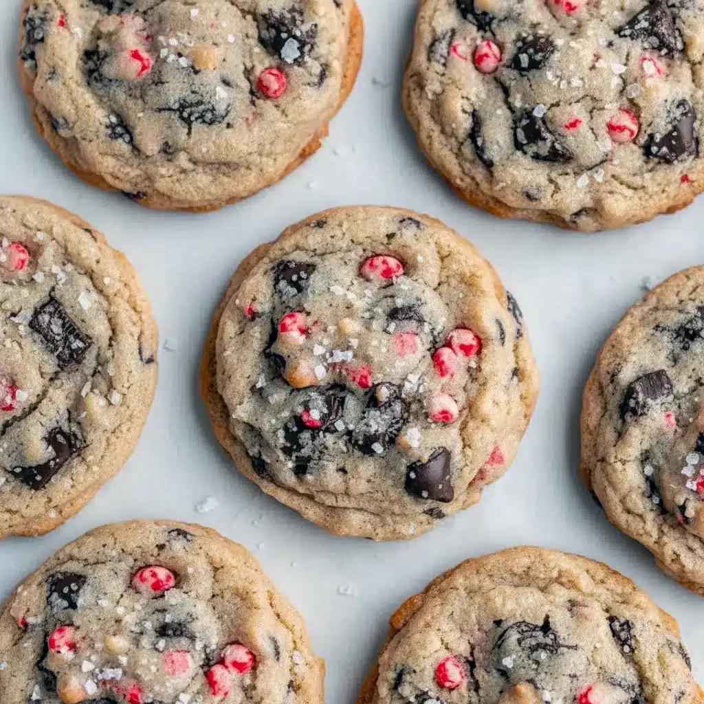 Close-up of peppermint Oreo cookies stacked on a festive plate, topped with crushed candy canes and scattered chocolate chips, Best Christmas Cookies.