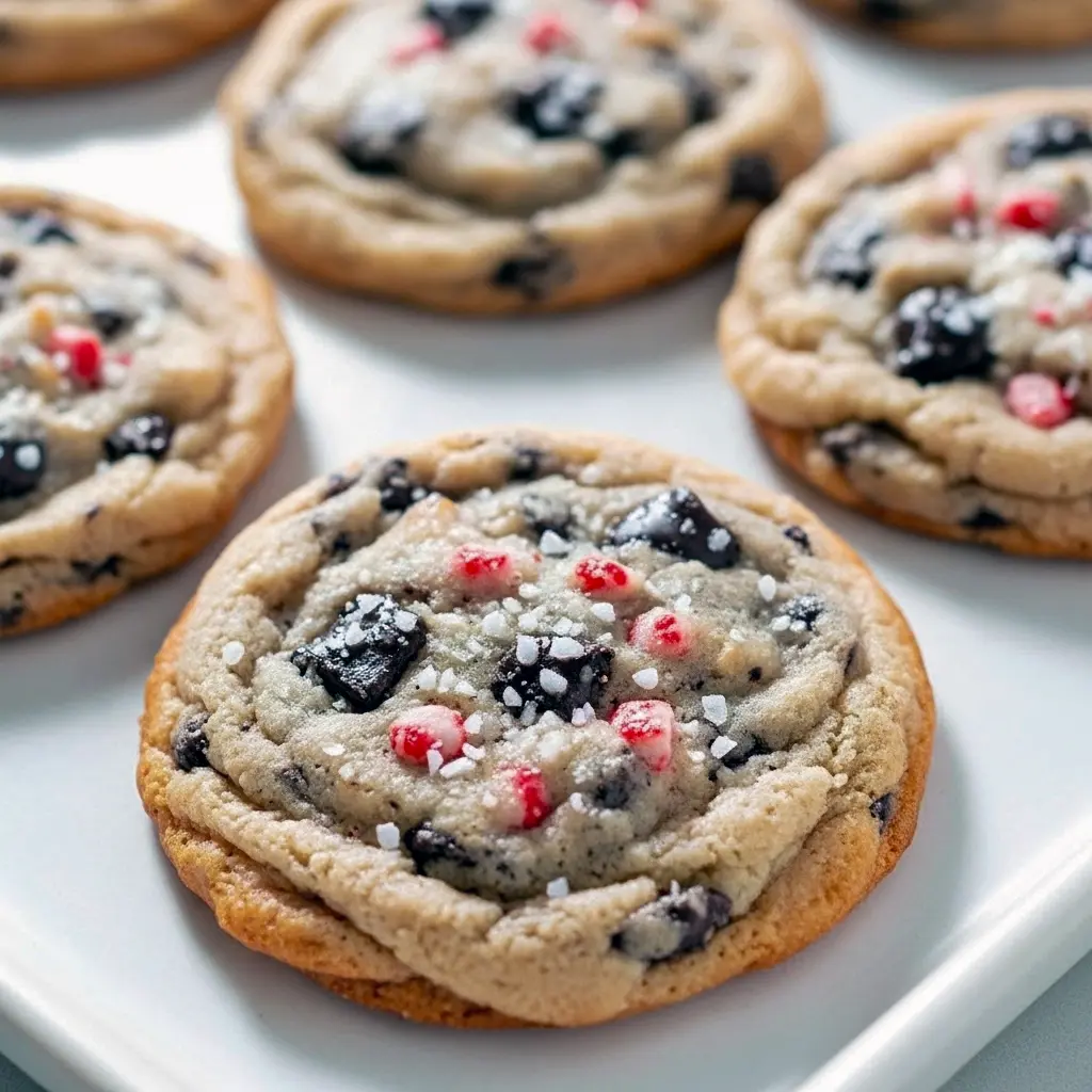 Close-up of peppermint Oreo cookies stacked on a festive plate, topped with crushed candy canes and scattered chocolate chips, Best Christmas Cookies.