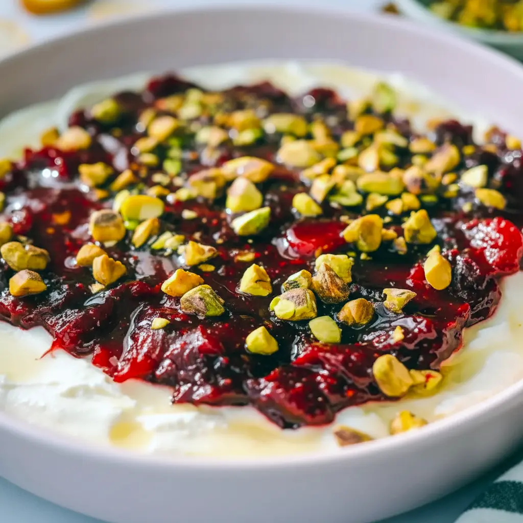 Close-up of a shallow bowl of whipped feta topped with glossy cranberry compote, chopped pistachios, and a honey drizzle, served with toasted crostini on a festive wooden board, Holiday Appetizers.