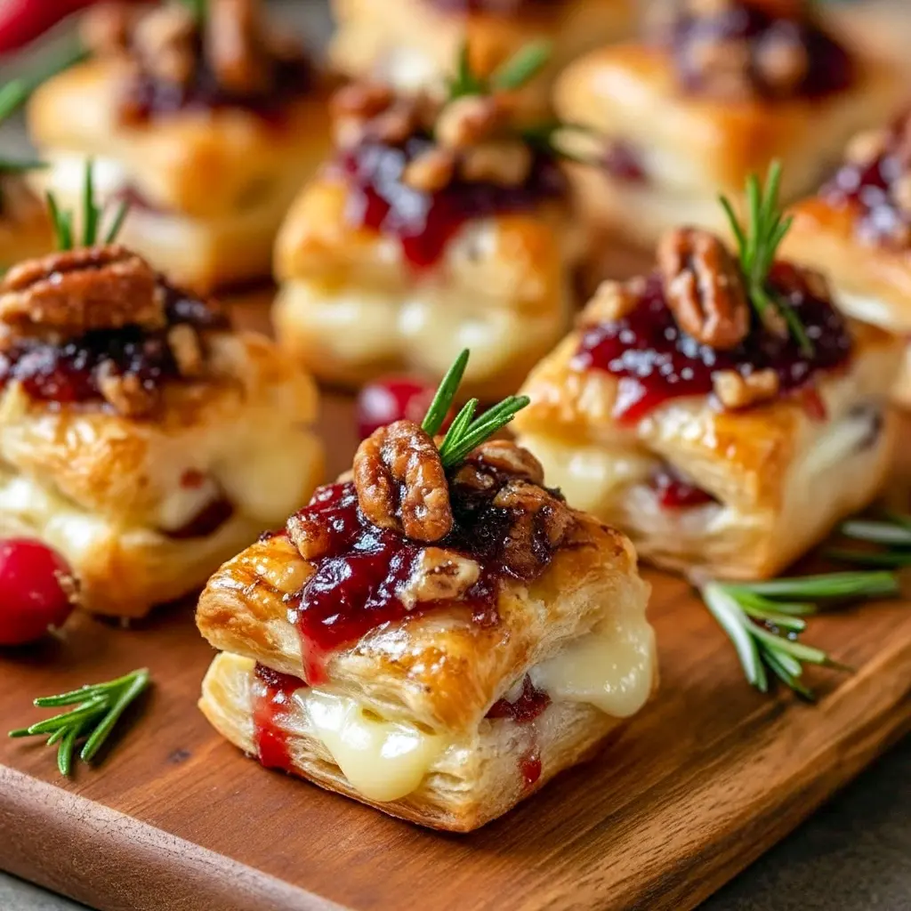 Close-up of golden puff pastry cups filled with melted brie and cranberry topping, garnished with fresh rosemary, Brie Bites.