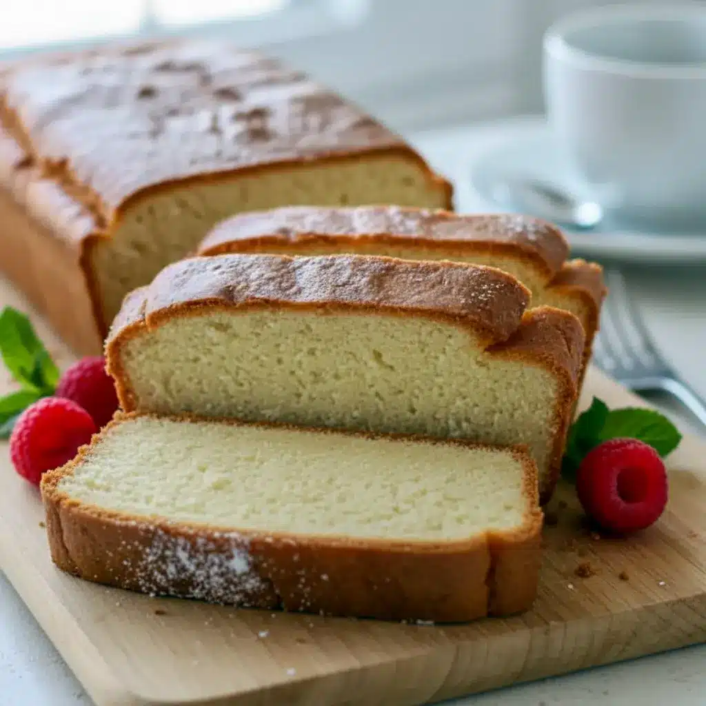 Sliced keto cream cheese pound cake on a wooden board, showing moist, golden interior and tender crumb, styled with a few fresh berries, Keto Pound Cake Cream Cheese.