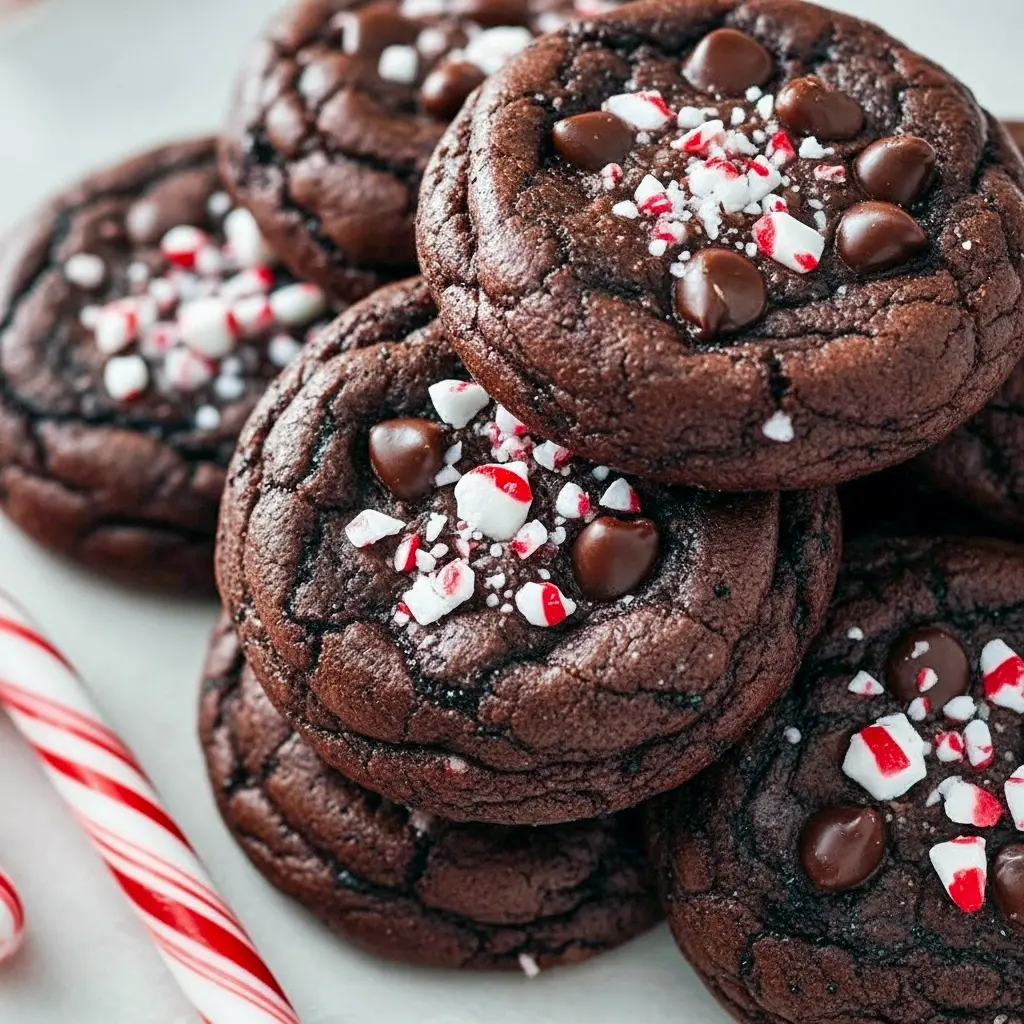 Fudgy chocolate peppermint brownie cookies with cracked glossy tops, melty chocolate chips, and crushed candy cane sprinkles on parchment paper, Easy Chocolate Christmas Cookies.