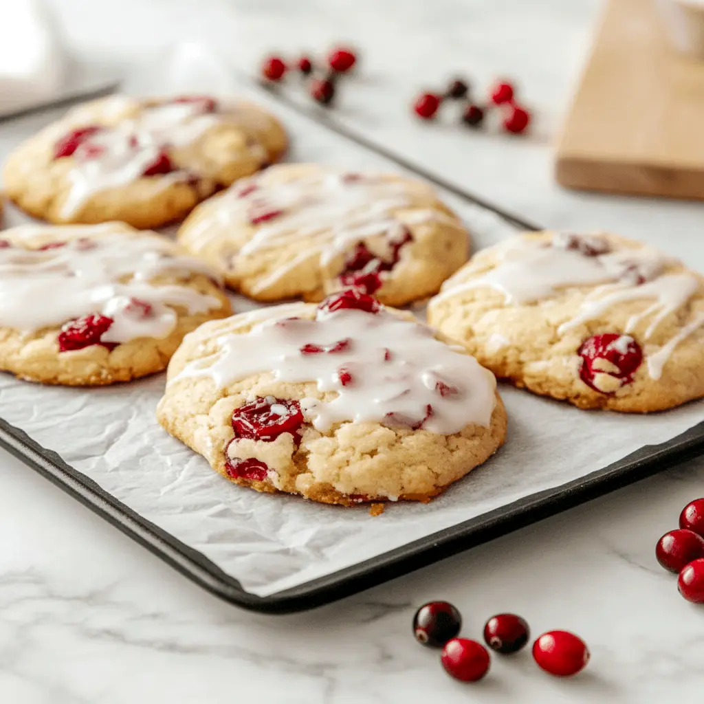 Close-up of chewy cranberry-orange cookies dusted with sugar and drizzled with orange glaze on a festive plate, Cranberry Christmas Cookies.