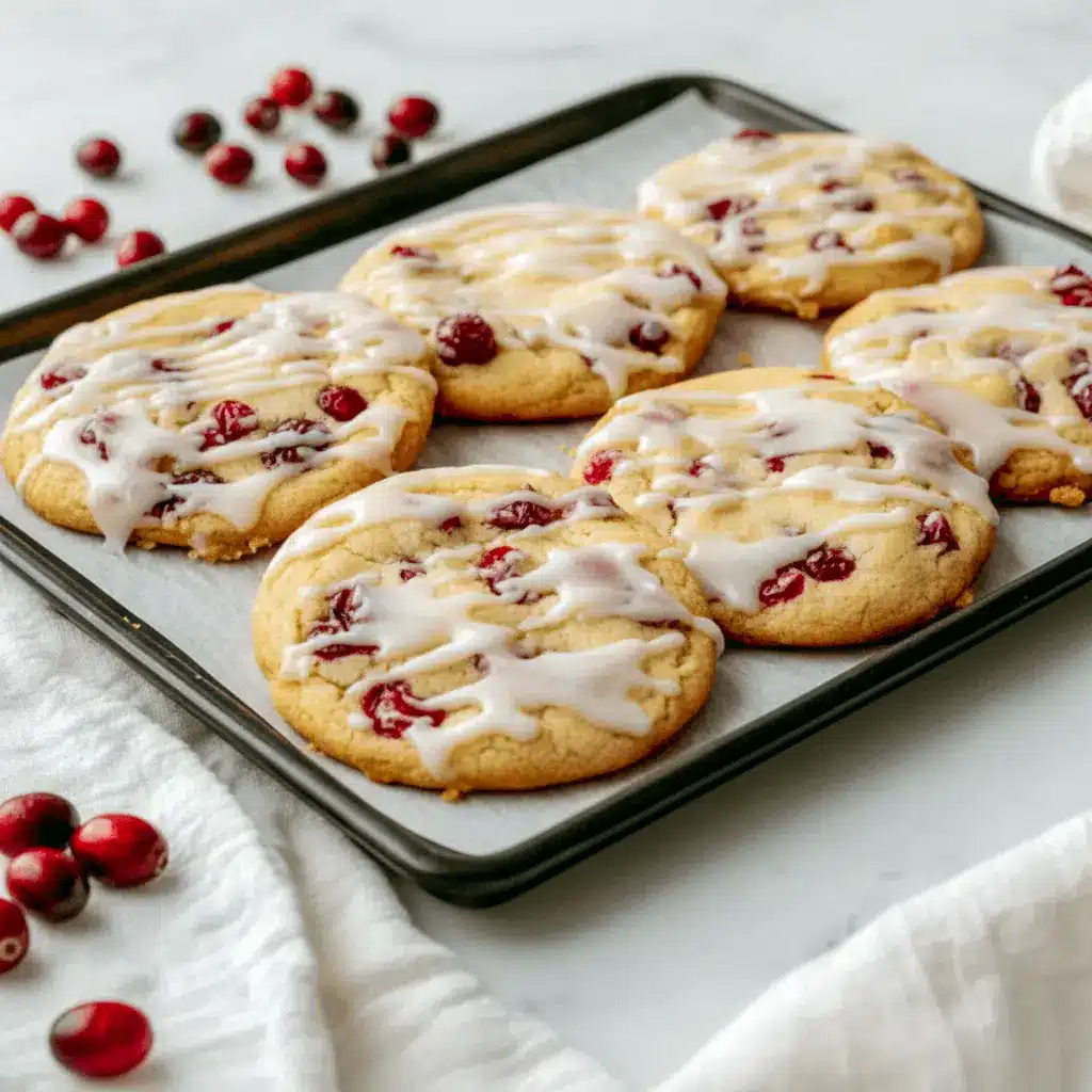 Close-up of chewy cranberry-orange cookies dusted with sugar and drizzled with orange glaze on a festive plate, Cranberry Christmas Cookies.