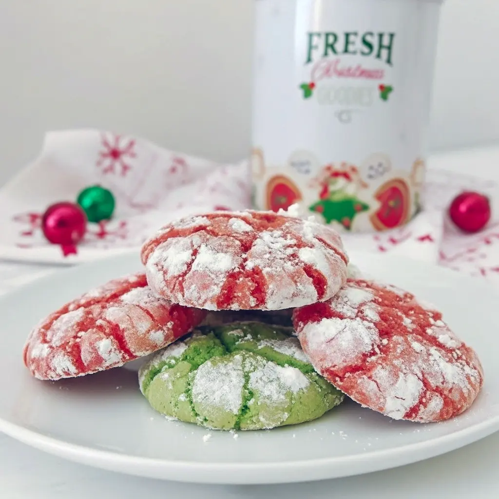 Stack of red and green crinkle cookies dusted in powdered sugar on a white plate, close-up showing cracked tops and soft, chewy centers, Easy Cake Mix Christmas Cookies.