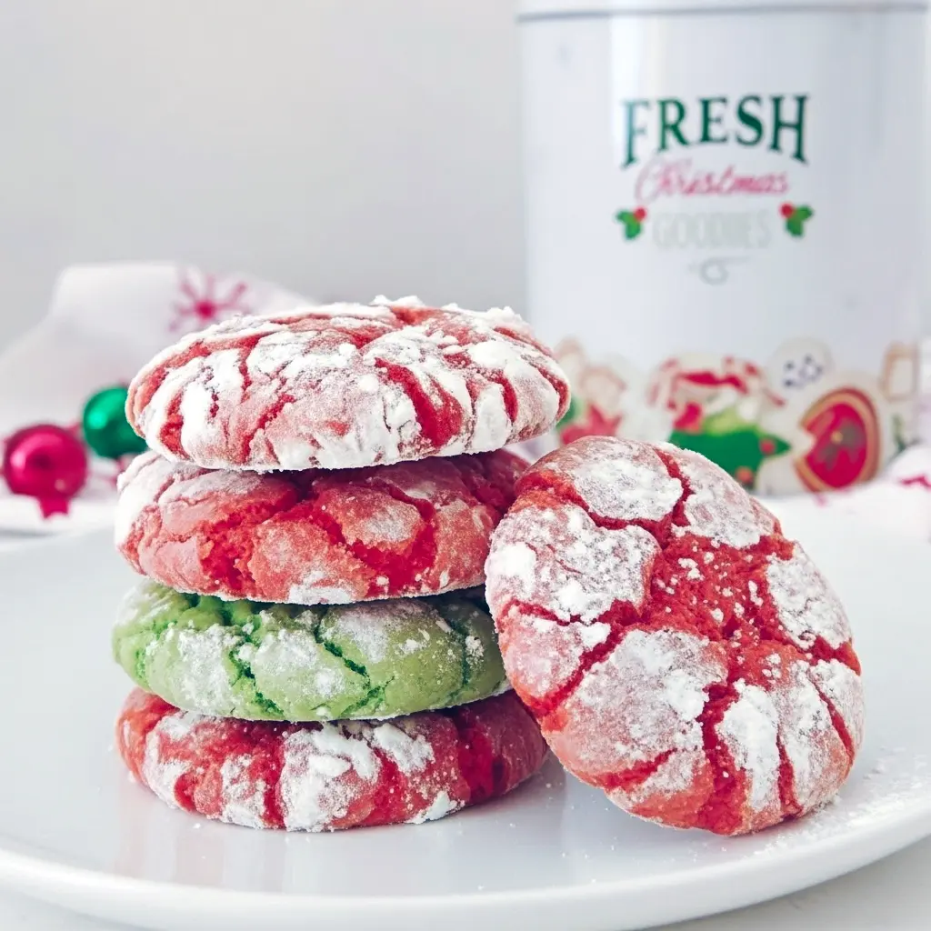 Stack of red and green crinkle cookies dusted in powdered sugar on a white plate, close-up showing cracked tops and soft, chewy centers, Easy Cake Mix Christmas Cookies.