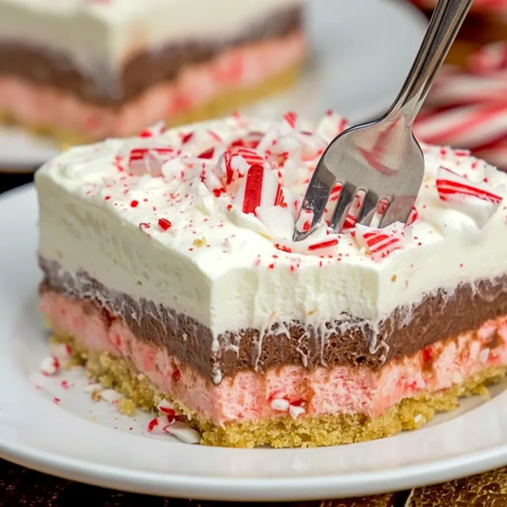 Close-up of no-bake peppermint bars: pink mint cheesecake layer, chocolate pudding, whipped topping and crushed candy cane garnish, Peppermint Dream Dessert.