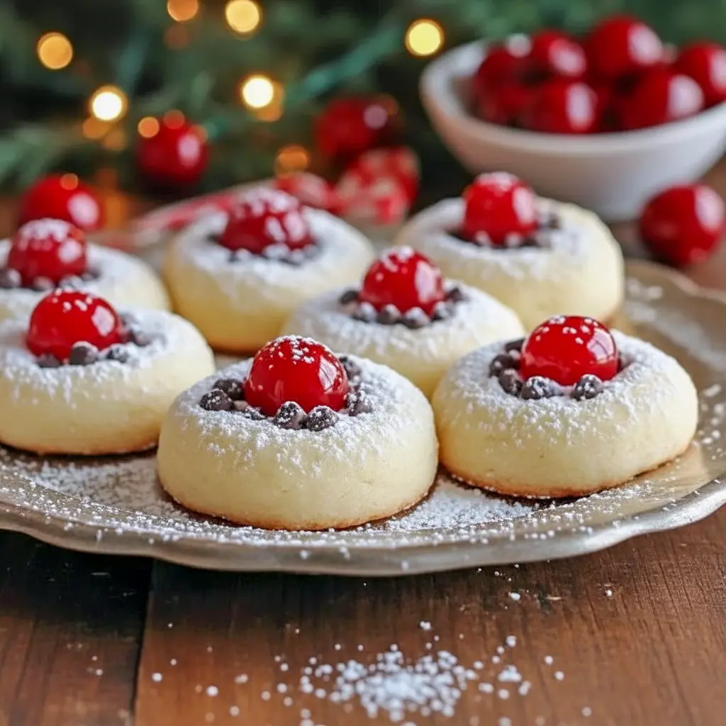 Close-up of cherry-studded shortbread cookies dusted with powdered sugar on a wooden board, styled for gifting and party platters — ideal for Thanksgiving Cookies Decorated Ideas and inspired by Cookie Press Cookies, Christmas Cherry Cookies.