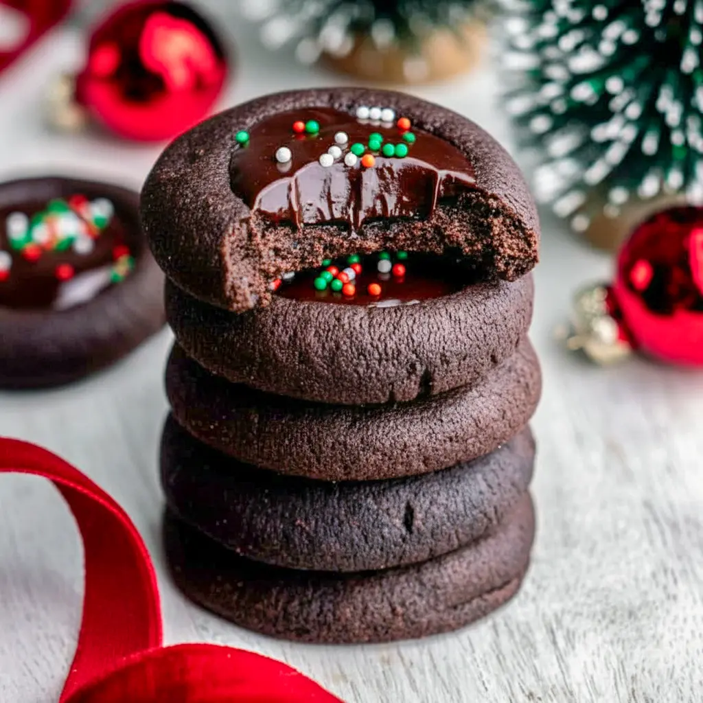 Close-up of glossy Chocolate Thumbprint Cookies on a festive platter, each with a shiny Chocolate Ganache Filling in the center; styled for Christmas Baking Recipes and photo-ready as Cookies In Bloom. The photo highlights rich Dark Chocolate Cookies, deep Cocoa Cookies color, and serves as an inviting Thumbprint Cookies Recipe example — perfect Thumbprint Cookies for holiday spreads.