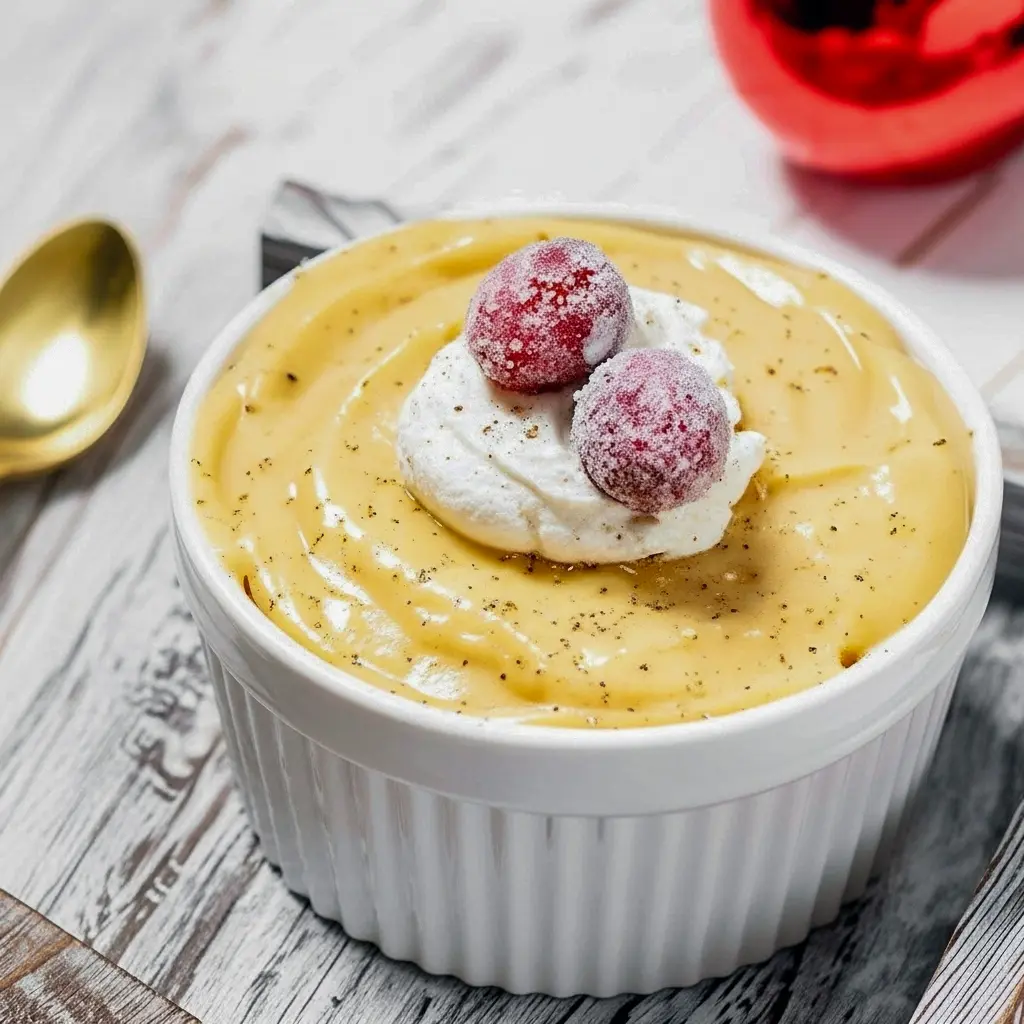 Three ramekins of creamy eggnog pudding topped with whipped cream, grated nutmeg, and sugared cranberries on a wooden tray, with a gold spoon nearby, Holiday Eggnog Pudding.