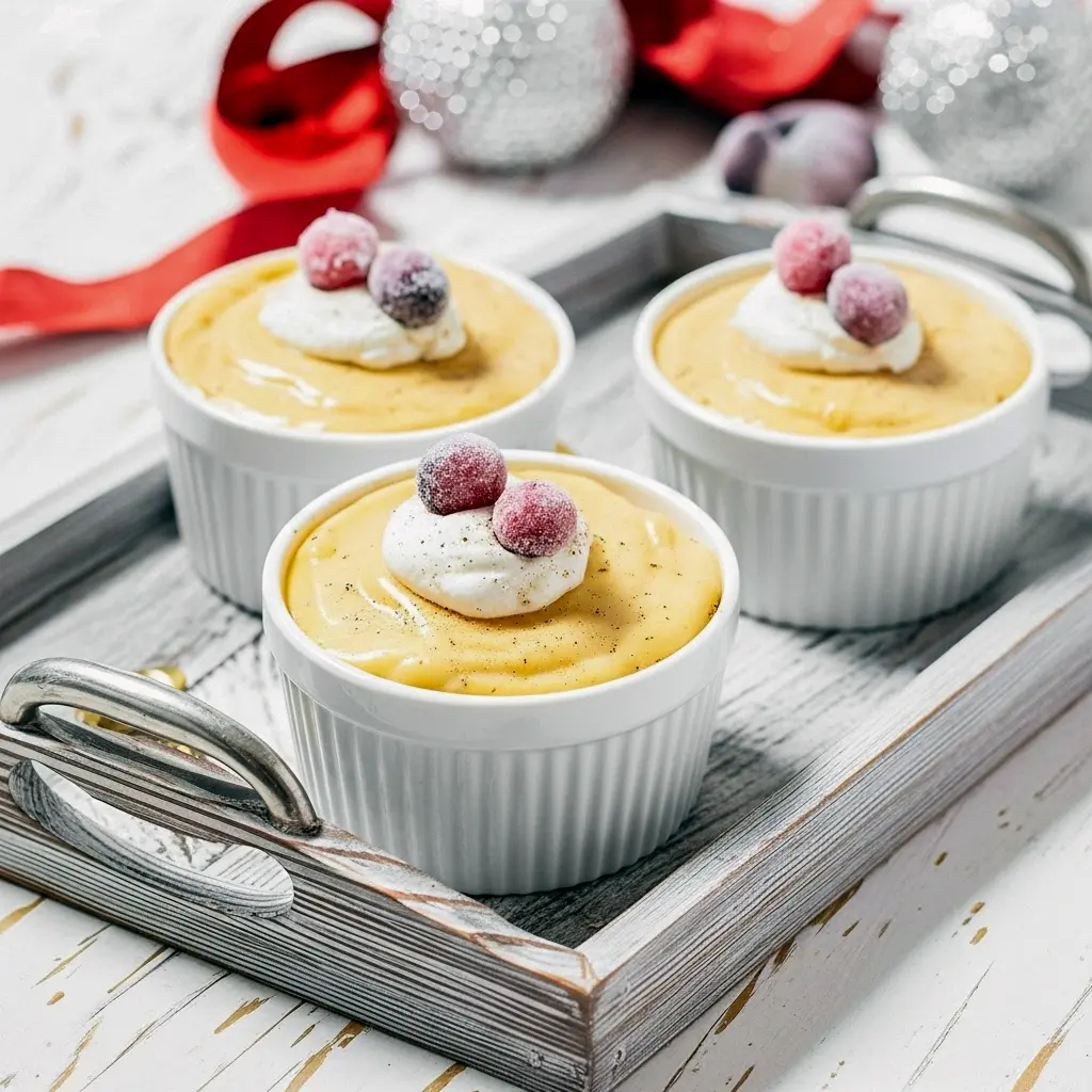 Three ramekins of creamy eggnog pudding topped with whipped cream, grated nutmeg, and sugared cranberries on a wooden tray, with a gold spoon nearby, Holiday Eggnog Pudding.