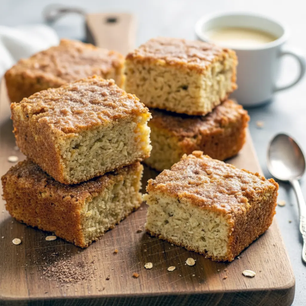 Slice of eggnog oatmeal breakfast cake dusted with cinnamon-sugar on a white plate, with a steaming mug and festive greenery in the background, Christmas Breakfast Cake.