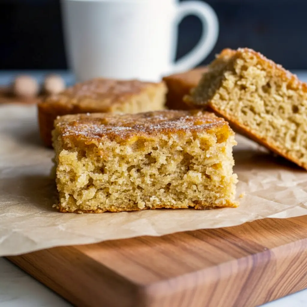 Slice of eggnog oatmeal breakfast cake dusted with cinnamon-sugar on a white plate, with a steaming mug and festive greenery in the background, Christmas Breakfast Cake.