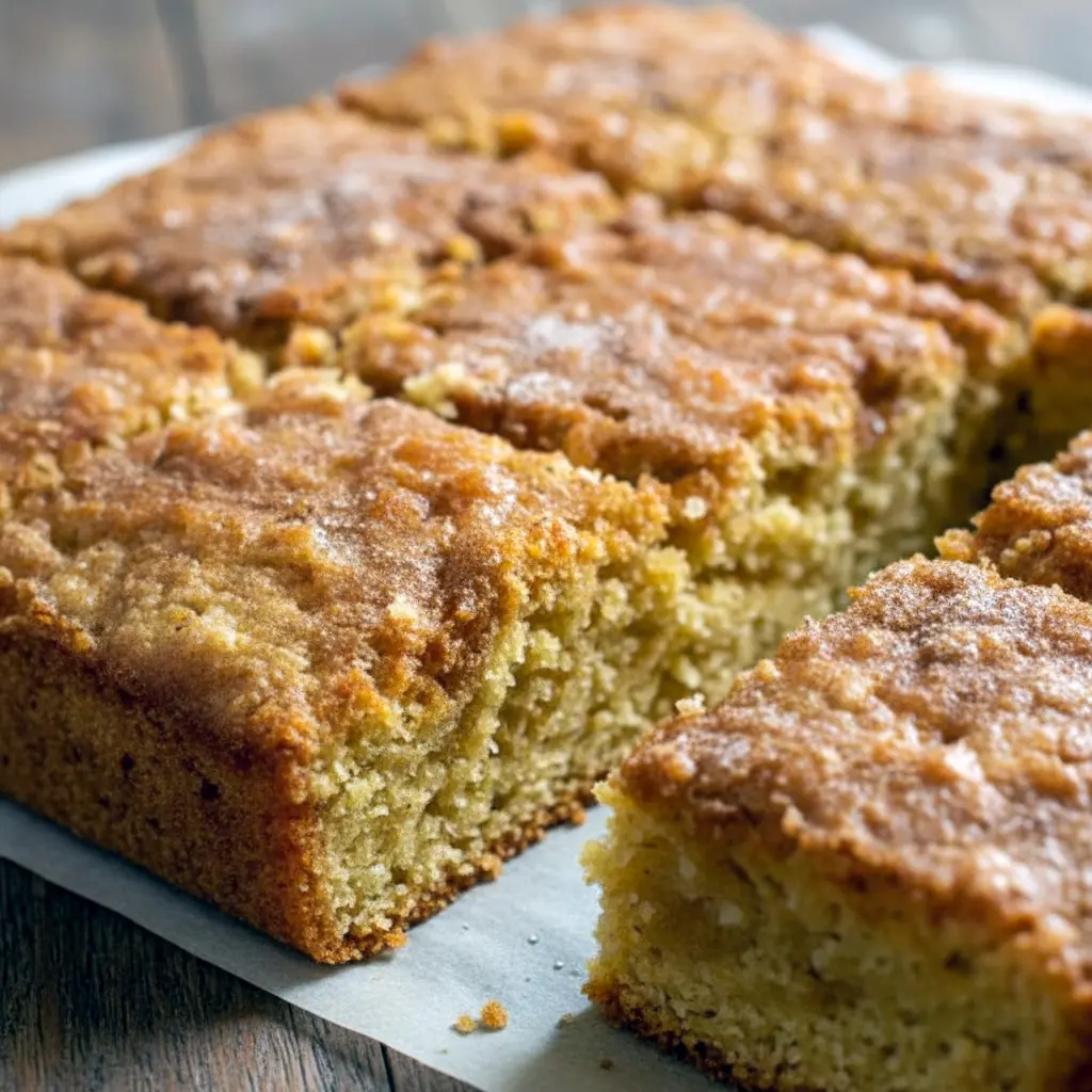 Slice of eggnog oatmeal breakfast cake dusted with cinnamon-sugar on a white plate, with a steaming mug and festive greenery in the background, Christmas Breakfast Cake.