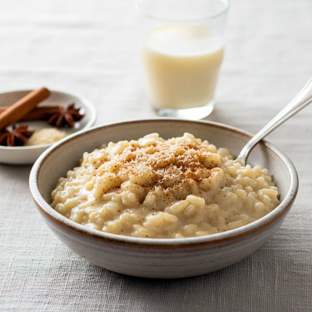Close-up of a warm bowl of eggnog rice pudding with chocolate drizzle — perfect for Pudding Recipes (not icy Slushies), Holiday Eggnog Rice Pudding.