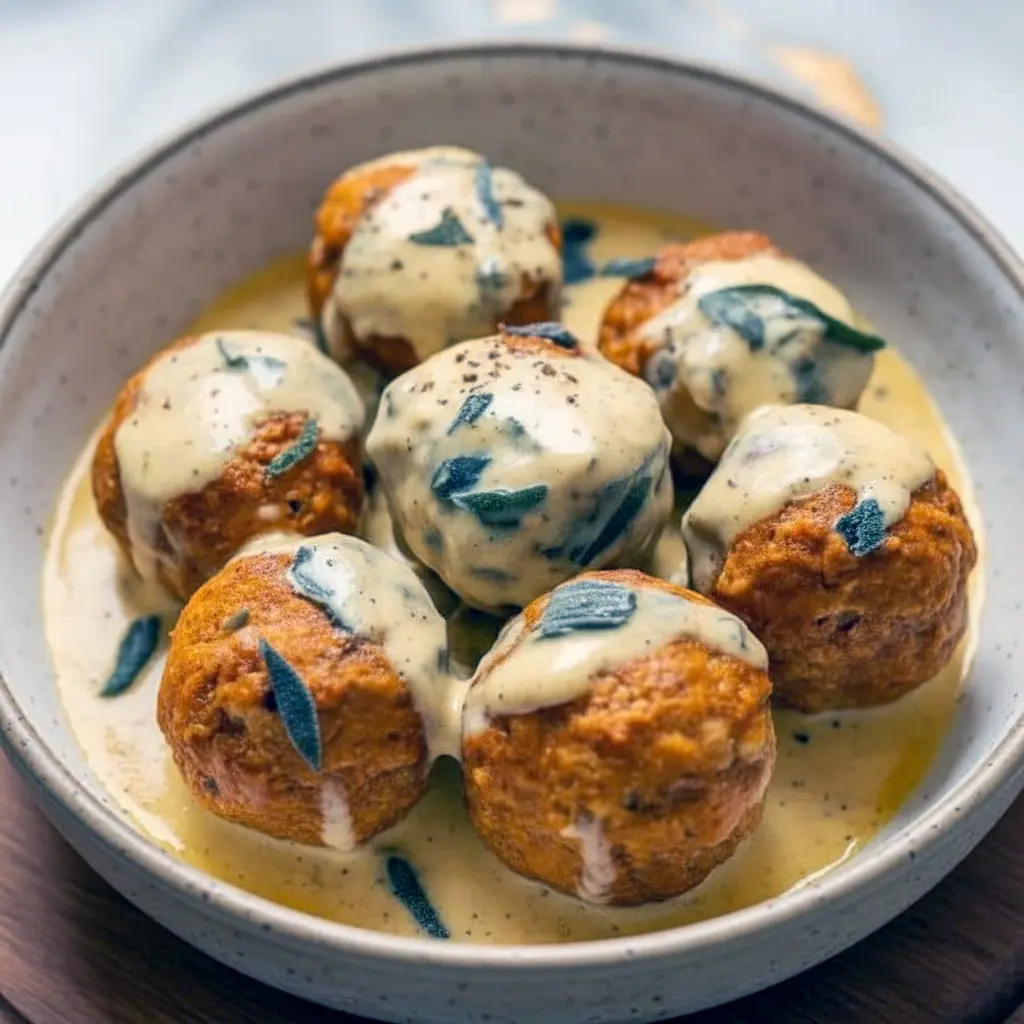 Close-up of golden-browned pumpkin chicken meatballs sitting in a glossy sage cream sauce, garnished with fresh sage leaves on a rustic plate, Homemade Fall Recipes.