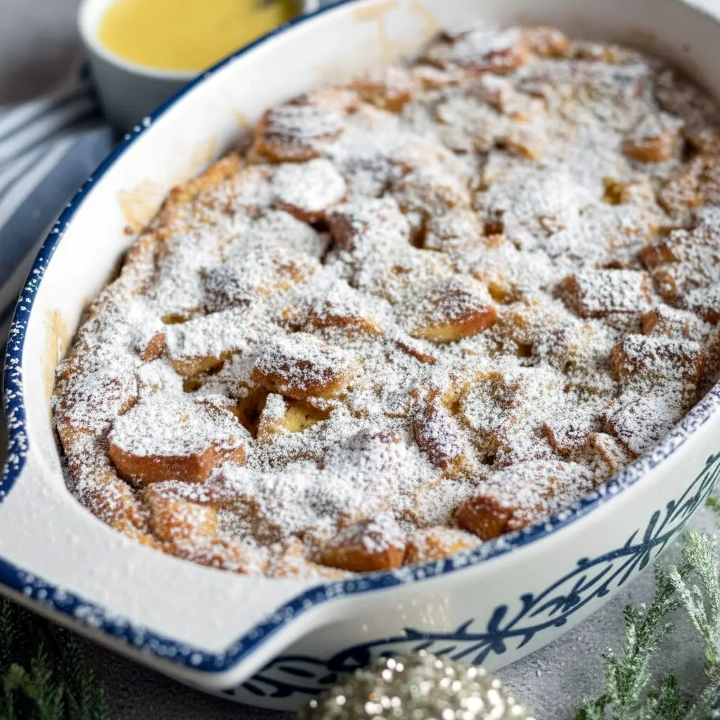 Golden-brown slice of eggnog-soaked bread pudding on a white plate, drizzled with warm custard sauce, topped with whipped cream and a light dusting of nutmeg, Holiday Bread Pudding.