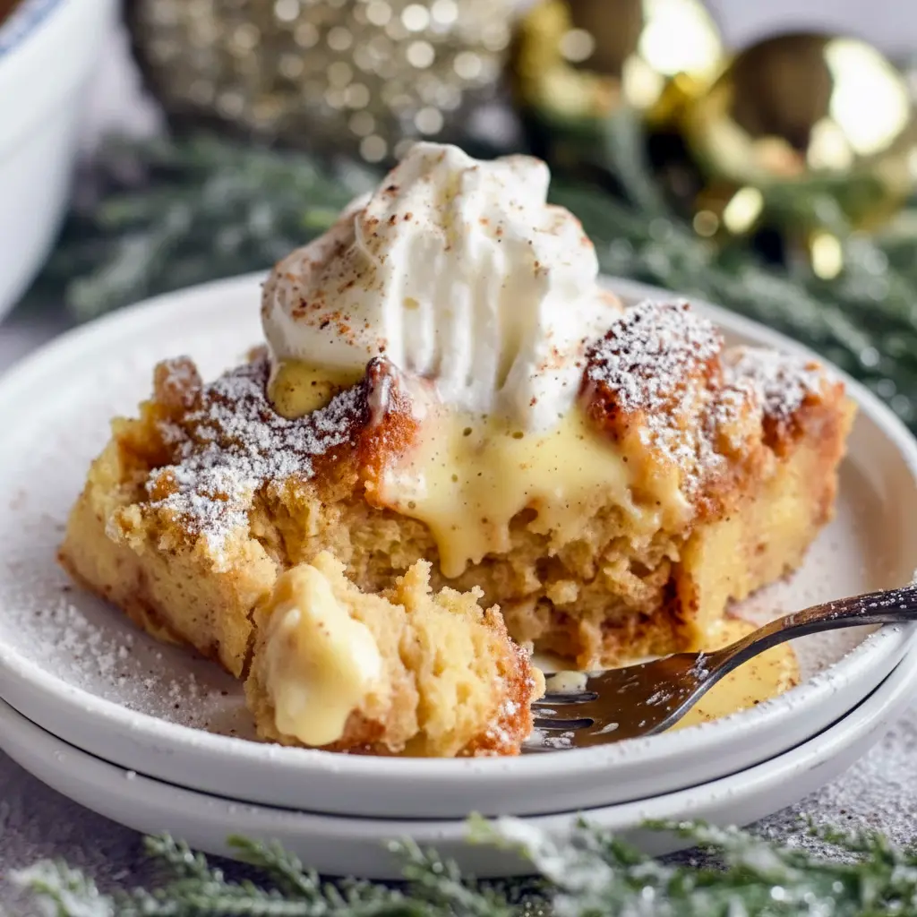 Golden-brown slice of eggnog-soaked bread pudding on a white plate, drizzled with warm custard sauce, topped with whipped cream and a light dusting of nutmeg, Holiday Bread Pudding.