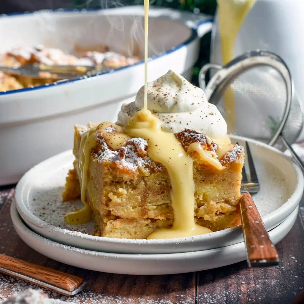 Golden-brown slice of eggnog-soaked bread pudding on a white plate, drizzled with warm custard sauce, topped with whipped cream and a light dusting of nutmeg, Holiday Bread Pudding.