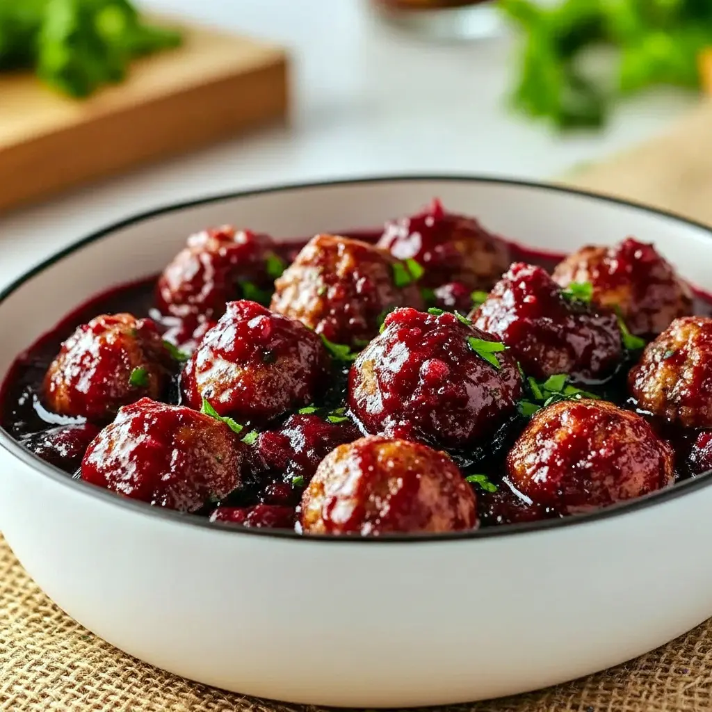 Glossy cranberry-glazed meatballs in a festive bowl, garnished with chopped parsley and toothpicks for easy serving, Traditional Christmas Appetizers.