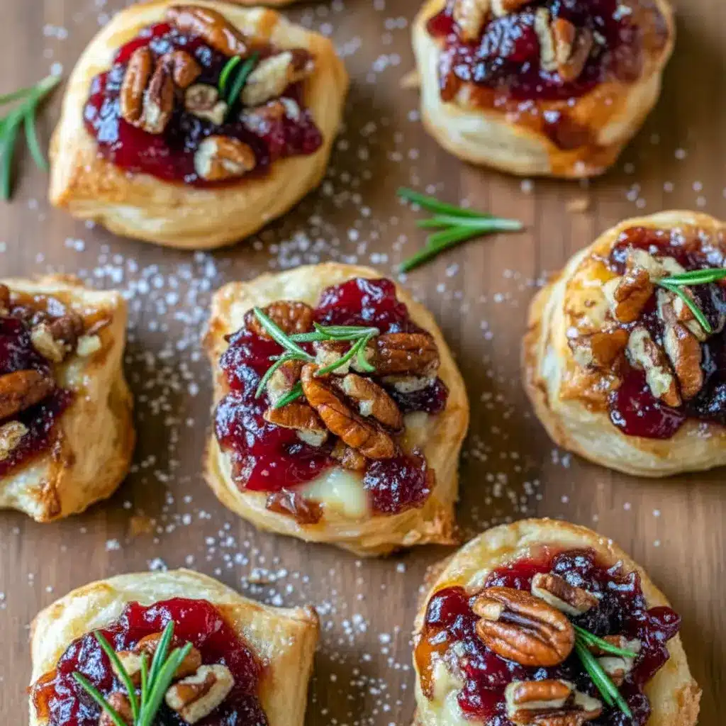 Golden puff pastry cups filled with melted brie and glossy cranberry sauce, garnished with a tiny rosemary sprig, Holiday Appetizers Christmas.