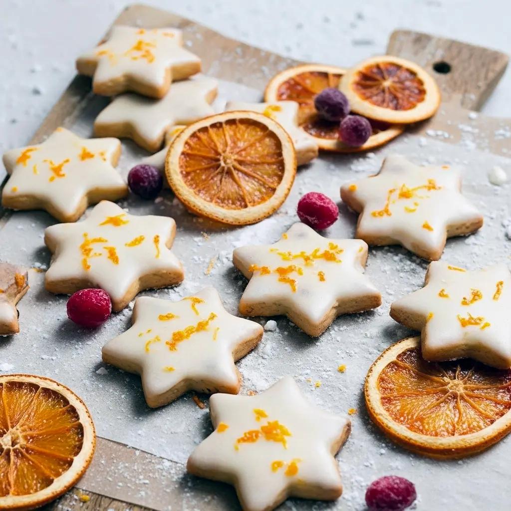 Overhead shot of star-shaped cranberry orange shortbread cookies glossed with orange glaze and sprinkled with zest, arranged on a wooden board with a festive ribbon nearby, Orange Christmas Recipes.