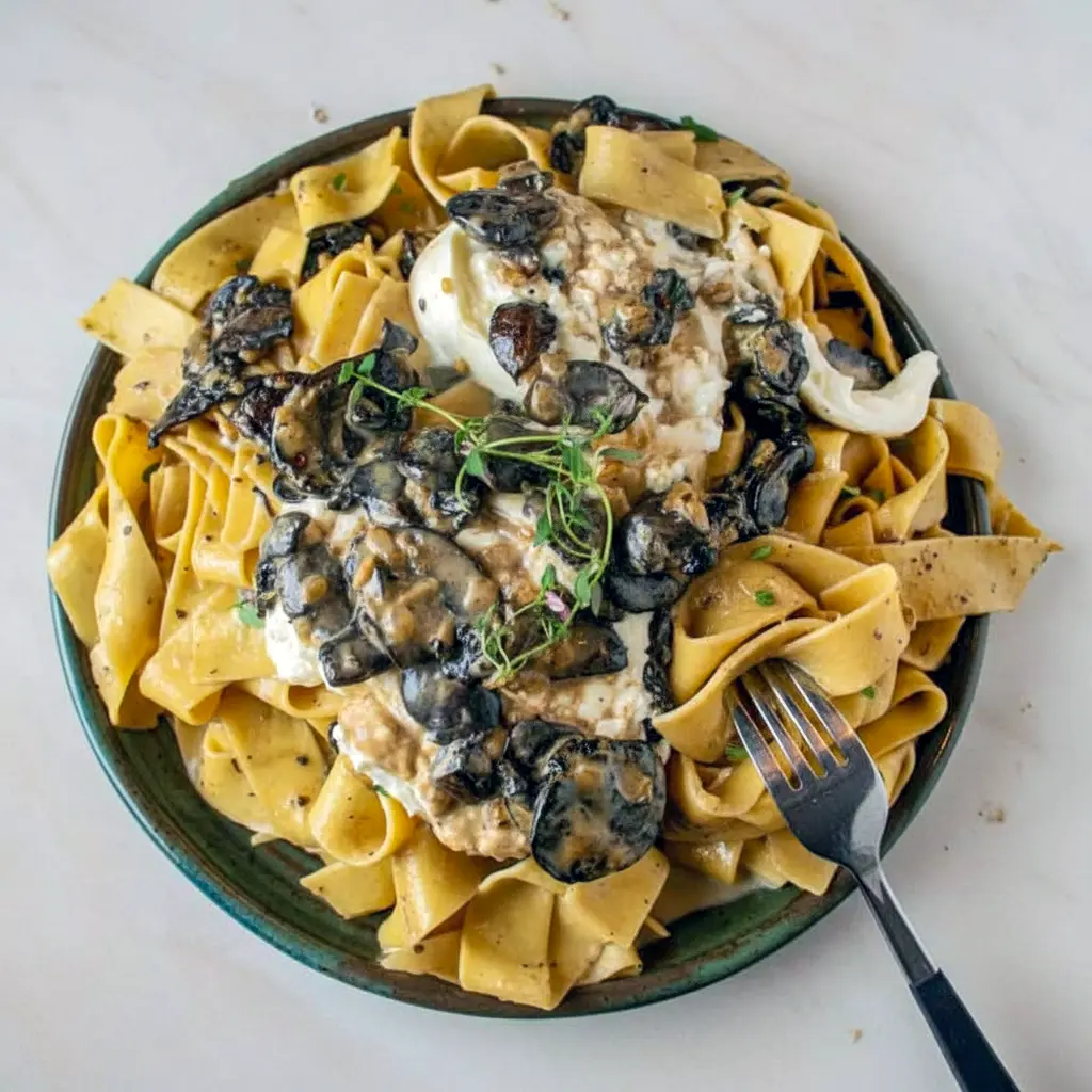 Close-up of pappardelle coated in a silky mushroom cream sauce, crowned with a split ball of burrata and a sprinkle of fresh thyme on a green plate over a marble countertop, Creamy Mushroom Pasta.