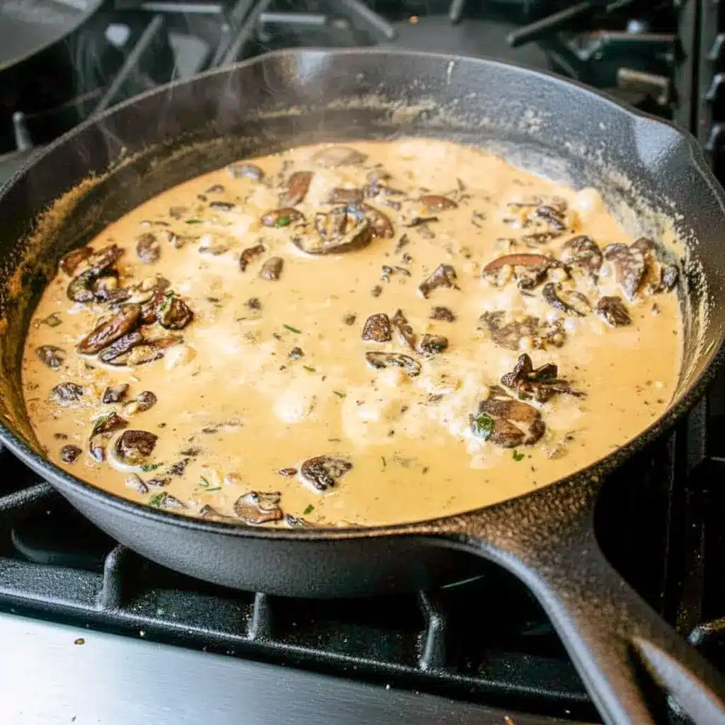 Close-up of pappardelle coated in a silky mushroom cream sauce, crowned with a split ball of burrata and a sprinkle of fresh thyme on a green plate over a marble countertop, Creamy Mushroom Pasta.