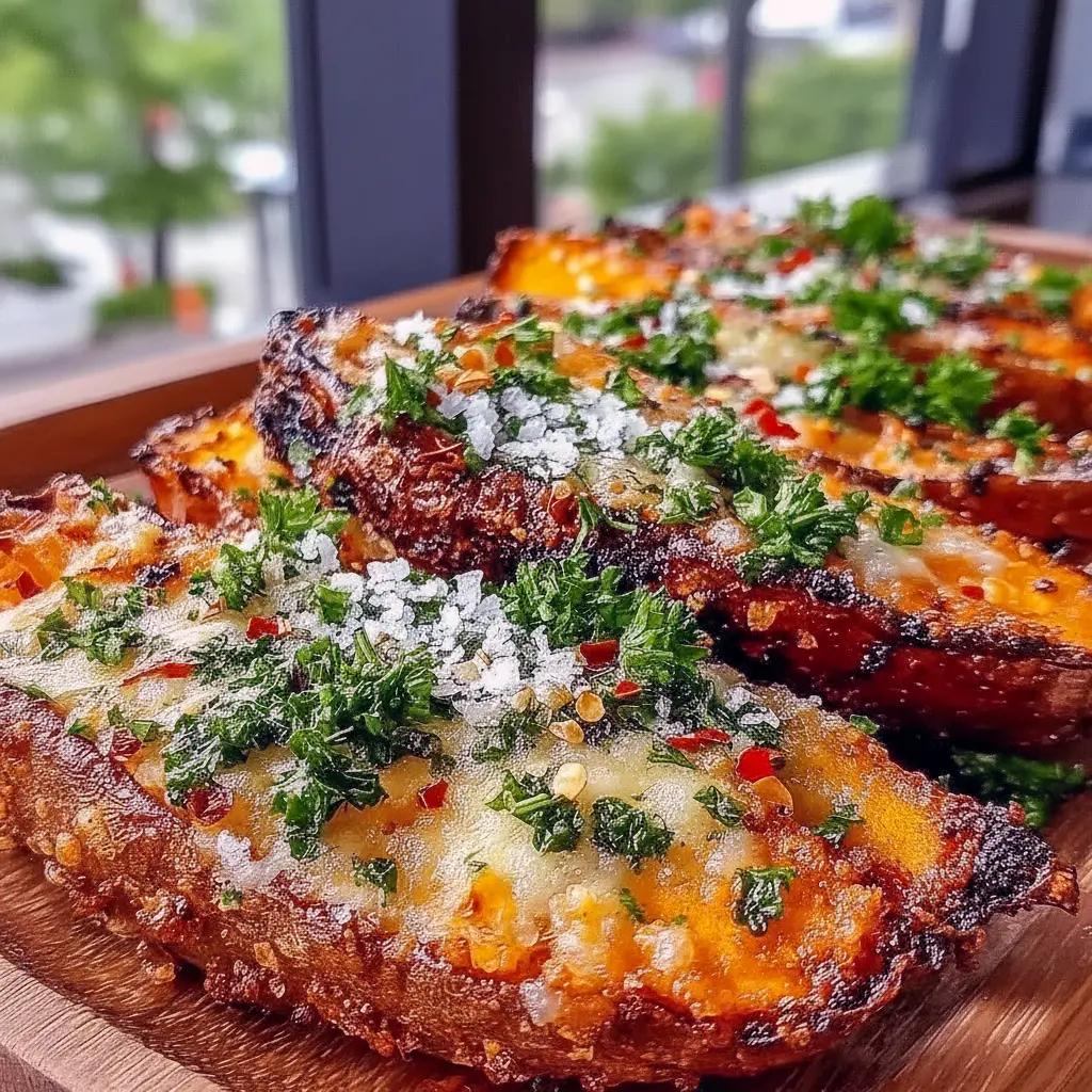 Close-up of crispy garlic-Parmesan sweet potato wedges on a rustic plate, sprinkled with parsley and a lemon wedge, served with a small bowl of creamy dip.