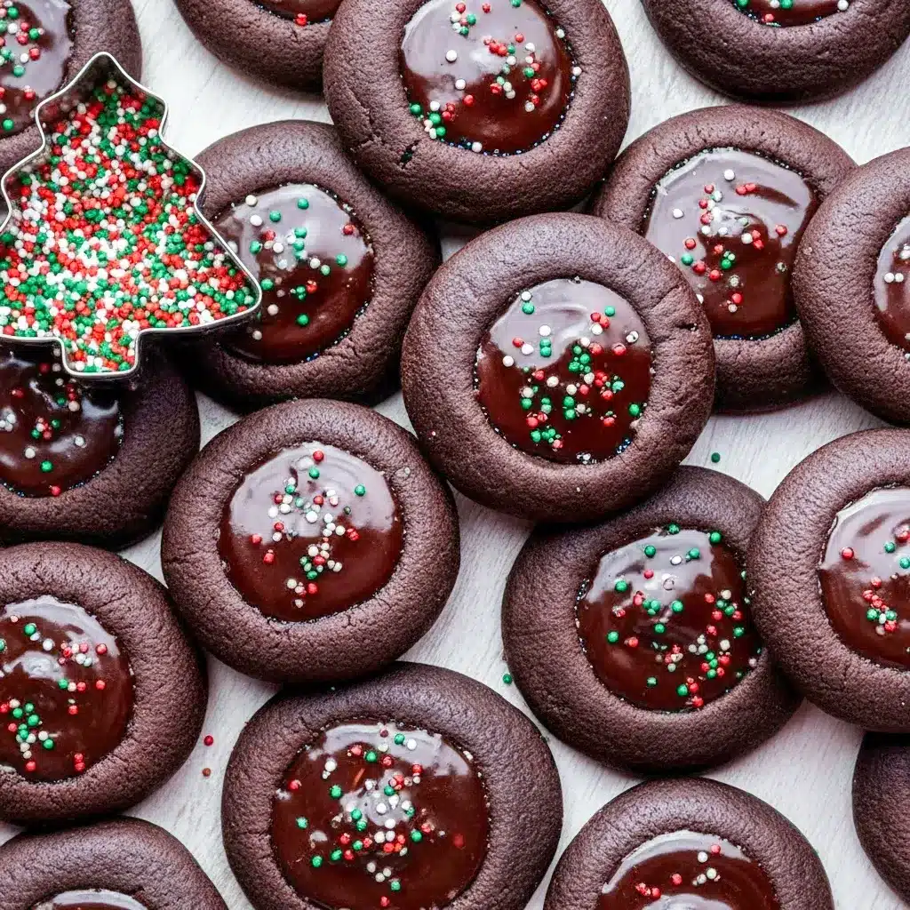 Close-up of chocolate thumbprint cookies with glossy ganache centers and festive nonpareil sprinkles on a holiday platter, Christmas Chocolate Cookies Recipes.