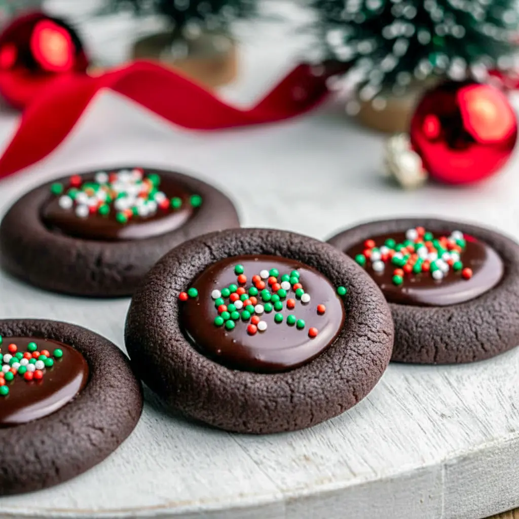 Close-up of chocolate thumbprint cookies with glossy ganache centers and festive nonpareil sprinkles on a holiday platter, Christmas Chocolate Cookies Recipes.