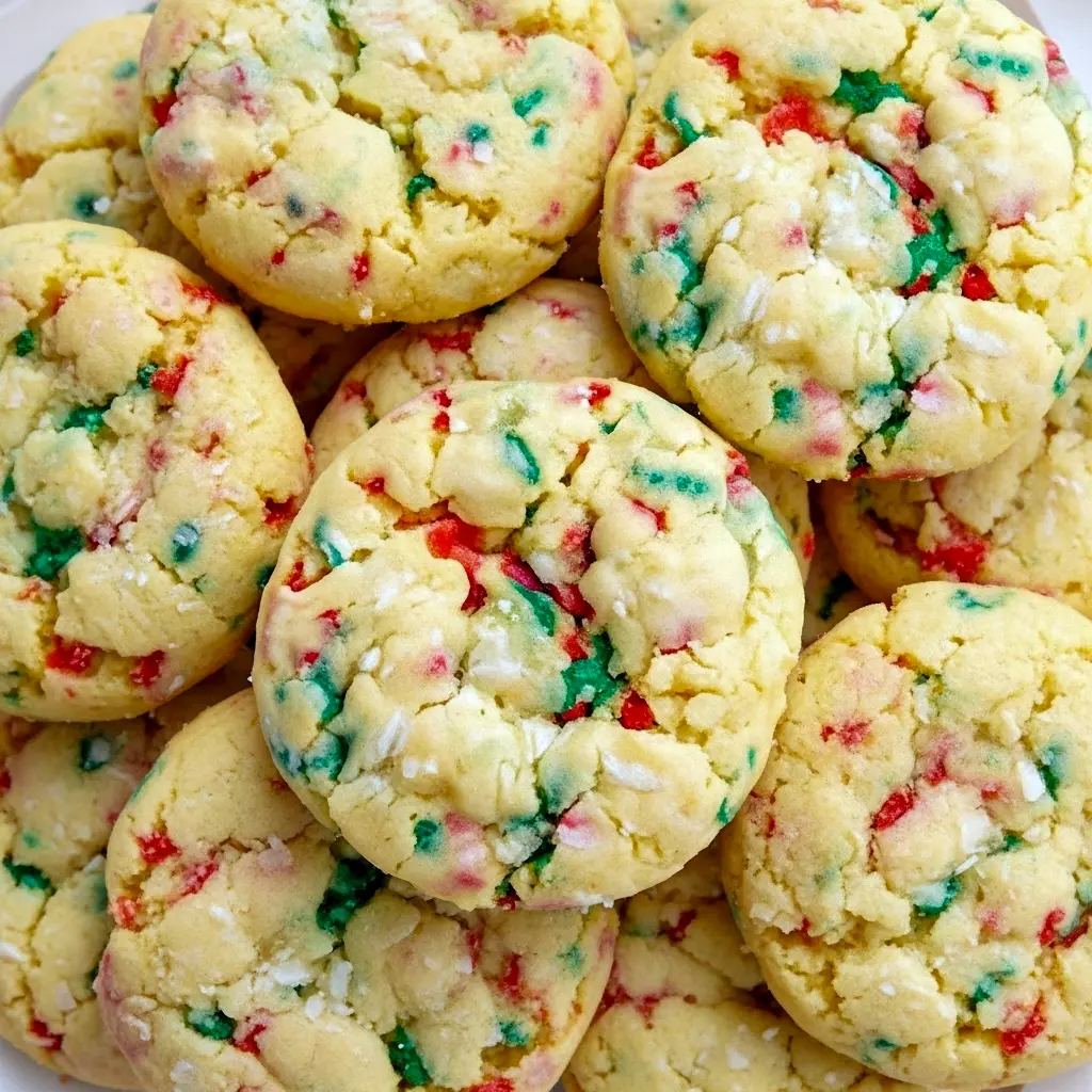 Close-up of powdered-sugar coated cookies with red and green sprinkles, showing a gooey interior — Christmas Ooey Gooey Butter Cookies, a shot of Ooey Gooey Christmas Butter Cookies, styled for a Gooey Butter Cake Cookie Recipe, Christmas Gooey Butter Cookies.