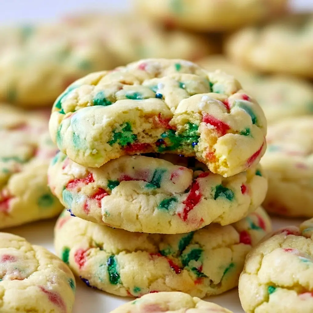 Close-up of powdered-sugar coated cookies with red and green sprinkles, showing a gooey interior — Christmas Ooey Gooey Butter Cookies, a shot of Ooey Gooey Christmas Butter Cookies, styled for a Gooey Butter Cake Cookie Recipe, Christmas Gooey Butter Cookies.
