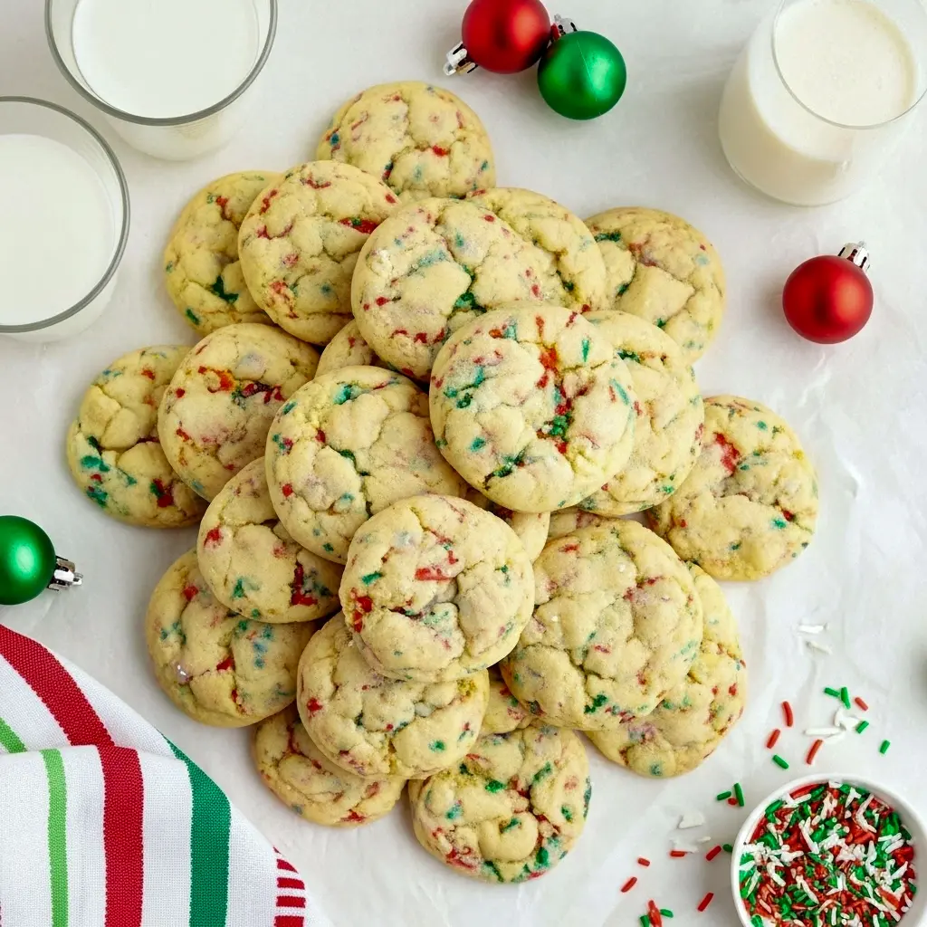 Close-up of powdered-sugar coated cookies with red and green sprinkles, showing a gooey interior — Christmas Ooey Gooey Butter Cookies, a shot of Ooey Gooey Christmas Butter Cookies, styled for a Gooey Butter Cake Cookie Recipe, Christmas Gooey Butter Cookies.