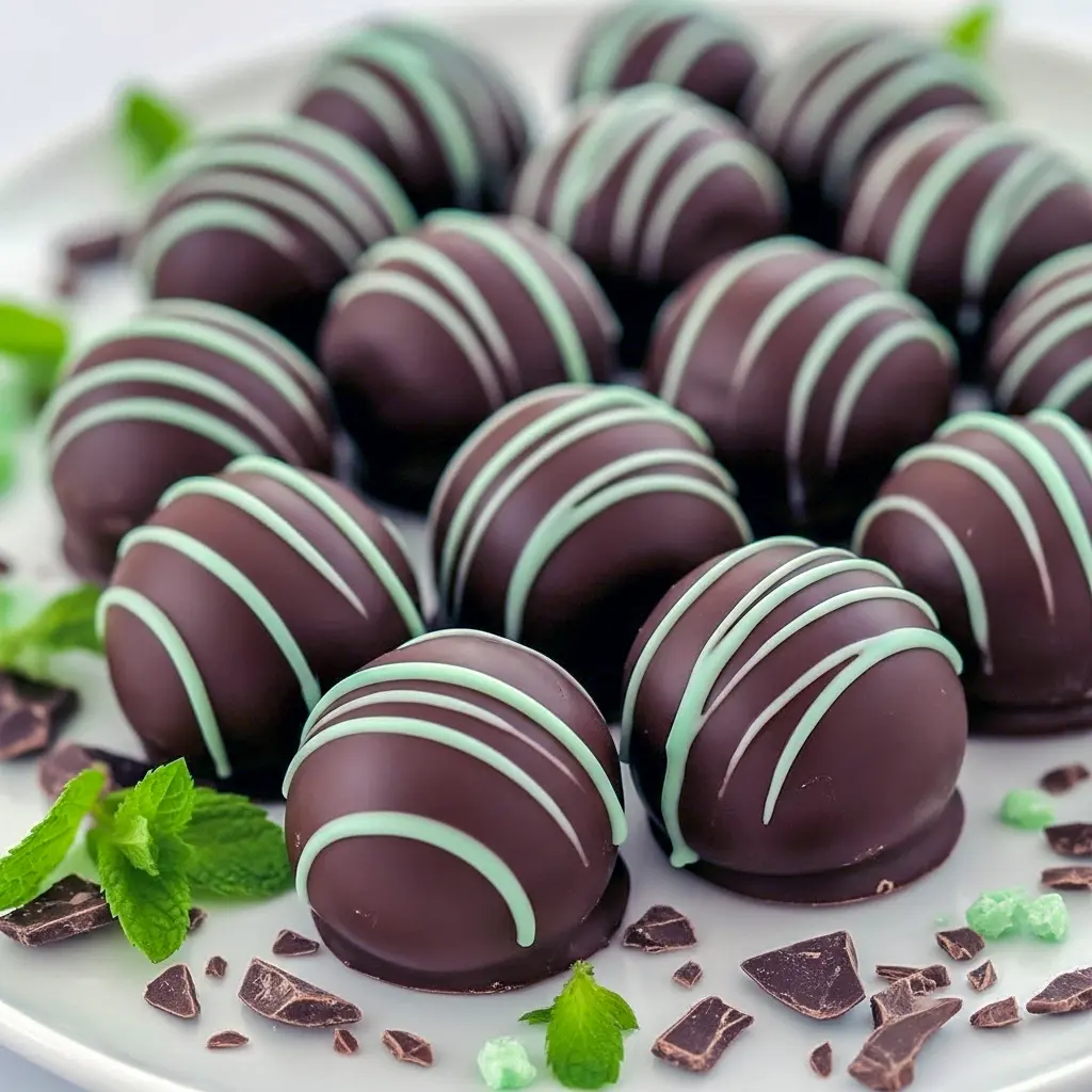 Truffle Recipe close-up: glossy mint chocolate spheres on a platter, ideal for Christmas Candy Recipes and Candy Recipes Homemade gift boxes, Christmas Truffles.