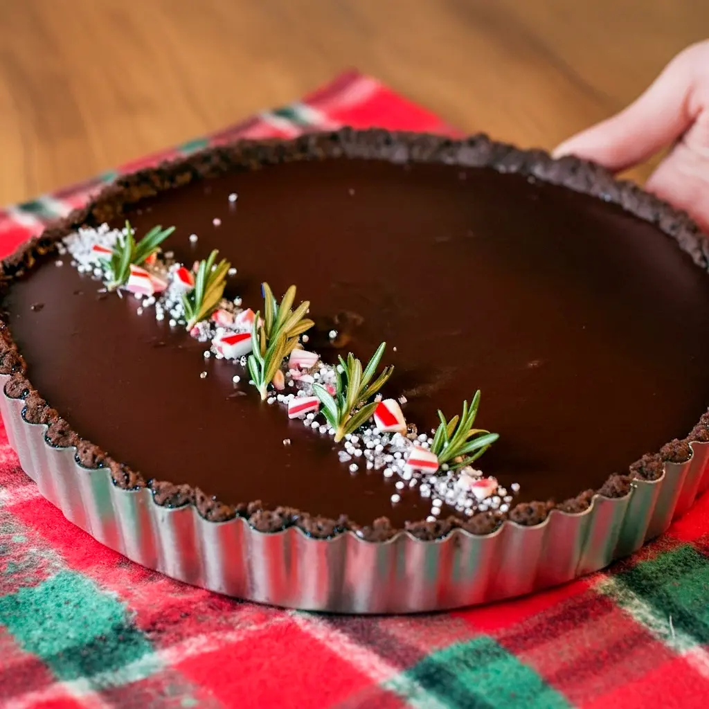 Christmas Chocolate Mousse Pie-style tart with dark glaze and peppermint-white mousse in a chocolate crust — a festive Peppermint Christmas Desserts centerpiece that also works for Thanksgiving Tarts Desserts or as a bold Christmas Pie Chocolate display, Christmas Showstopper Desserts.