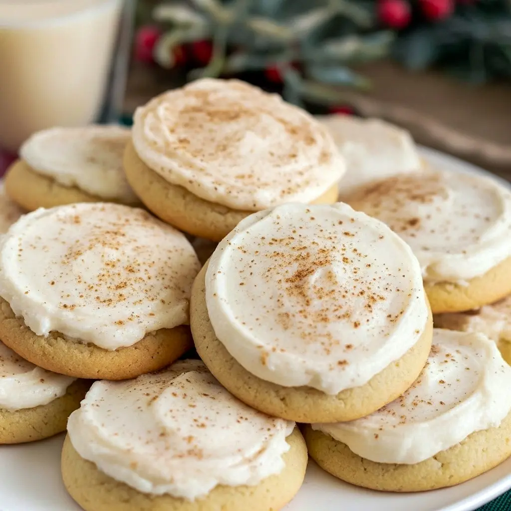 Close-up of frosted cookies showing nutmeg dusting and creamy swirl — Gooey Christmas Cookies that are surprisingly Eggnog Cookies Easy to make, topped with rich Eggnog Frosting, and adaptable as Gluten Free Eggnog Cookies, Eggnog Christmas Cookies.