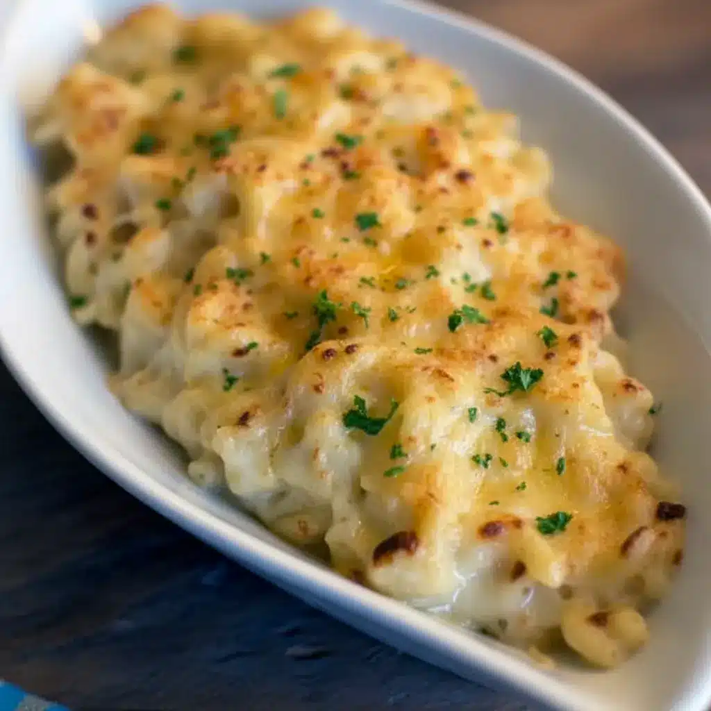 Broiler-browned gorgonzola macaroni and cheese in a rustic baking dish, with melted golden cheese, a sprinkle of parsley, and a bubbling, crisp top, Mac And Cheese With Gorgonzola Cheese.