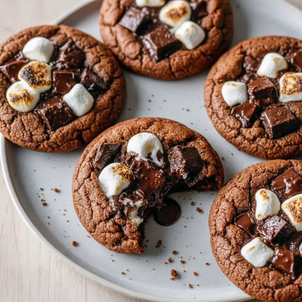 Warm, fudgy chocolate cookies topped with melted mini marshmallows and scattered chocolate chunks on a rustic board, Hot Chocolate Christmas Cookies.