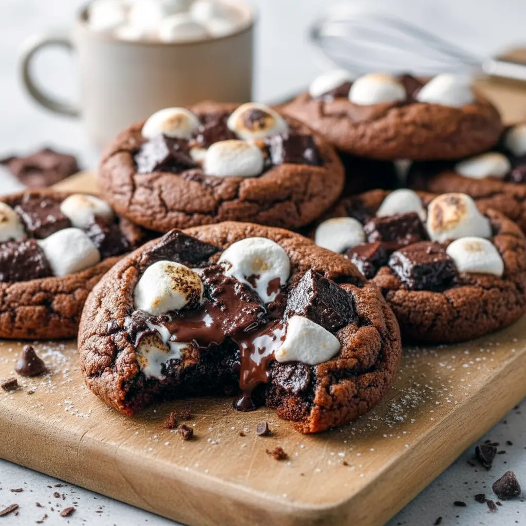 Warm, fudgy chocolate cookies topped with melted mini marshmallows and scattered chocolate chunks on a rustic board, Hot Chocolate Christmas Cookies.