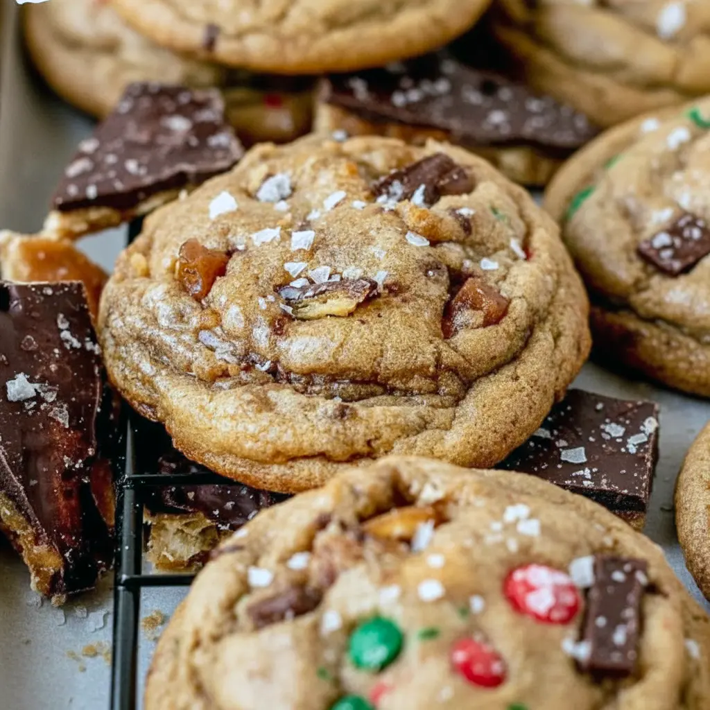 Tray of golden cookies with toffee pieces and melted chocolate — Christmas Cracker Cookies arranged for Neighbor Holiday Treats, great as Easy Christmas Treats For Neighbors, smart Break And Bake Cookie Ideas, and truly the Best Cookie Exchange Cookies Recipe, Delicious Holiday Cookies.