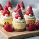 Close-up of a mini cheesecake decorated like a gnome with an upside-down strawberry hat, piped whipped-cream beard, tiny candy nose, and a dusting of powdered sugar, Cute Christmas Recipes.