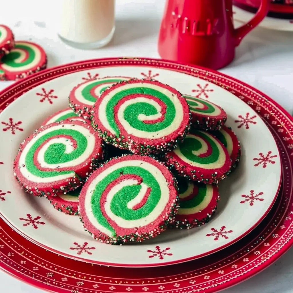 Close-up of red-and-green swirled pinwheel cookies stacked on a ceramic plate with holiday ribbon and sprinkles, Christmas Sweets.
