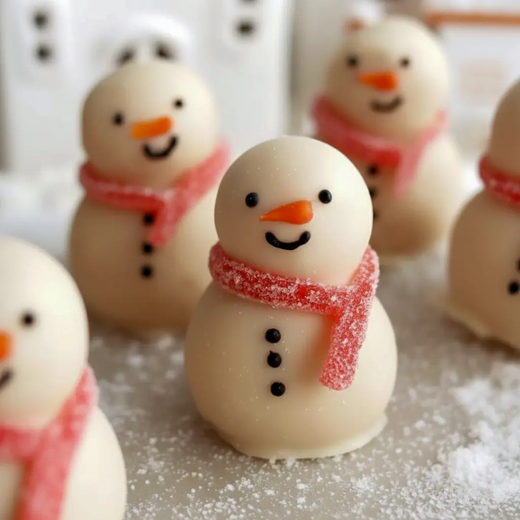 Close-up of three dairy-free white chocolate snowman truffles with tiny candy scarves and piped faces on a festive plate, No Bake Desserts For Christmas.